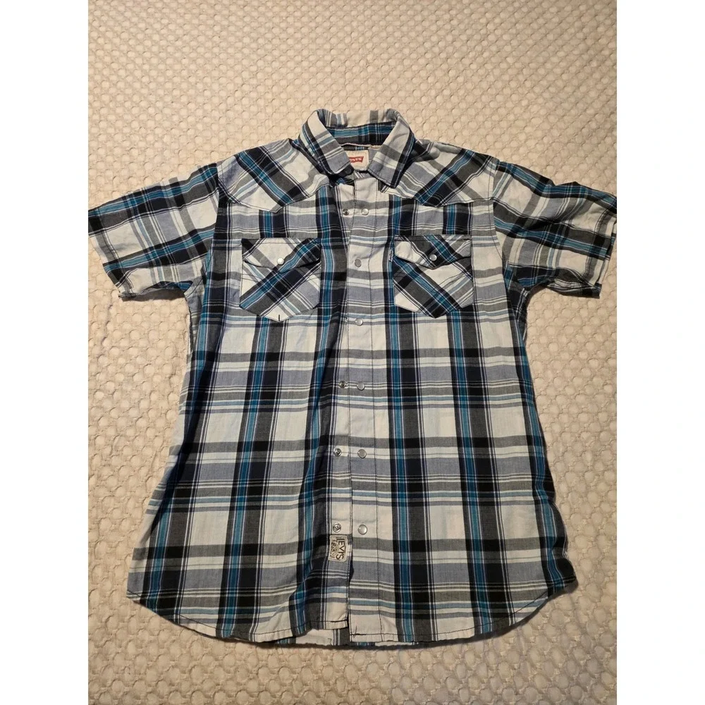 Levis Western Shirt Mens Small Blue Plaid Pearl Snap Short‎ Sleeve Excellent